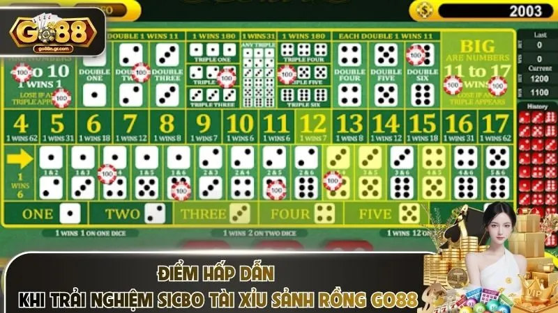 Sicbo tài xỉu sảnh rồng Go88 không chỉ hấp dẫn ở luật chơi mà còn ở trải nghiệm thực tế mà mang lại. Từng chi tiết được chăm chút để đảm bảo tính chân thực và tốc độ mượt mà.Điểm hấp dẫn khi trải nghiệm sicbo tài xỉu sảnh rồng Go88